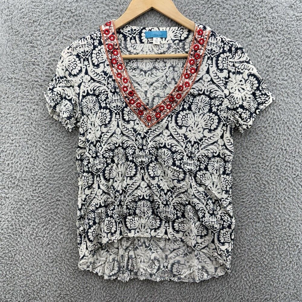 Luttons Women's M‎ Embroidered V-Neck Blouse Top Blue White Bohemian Solitaire
